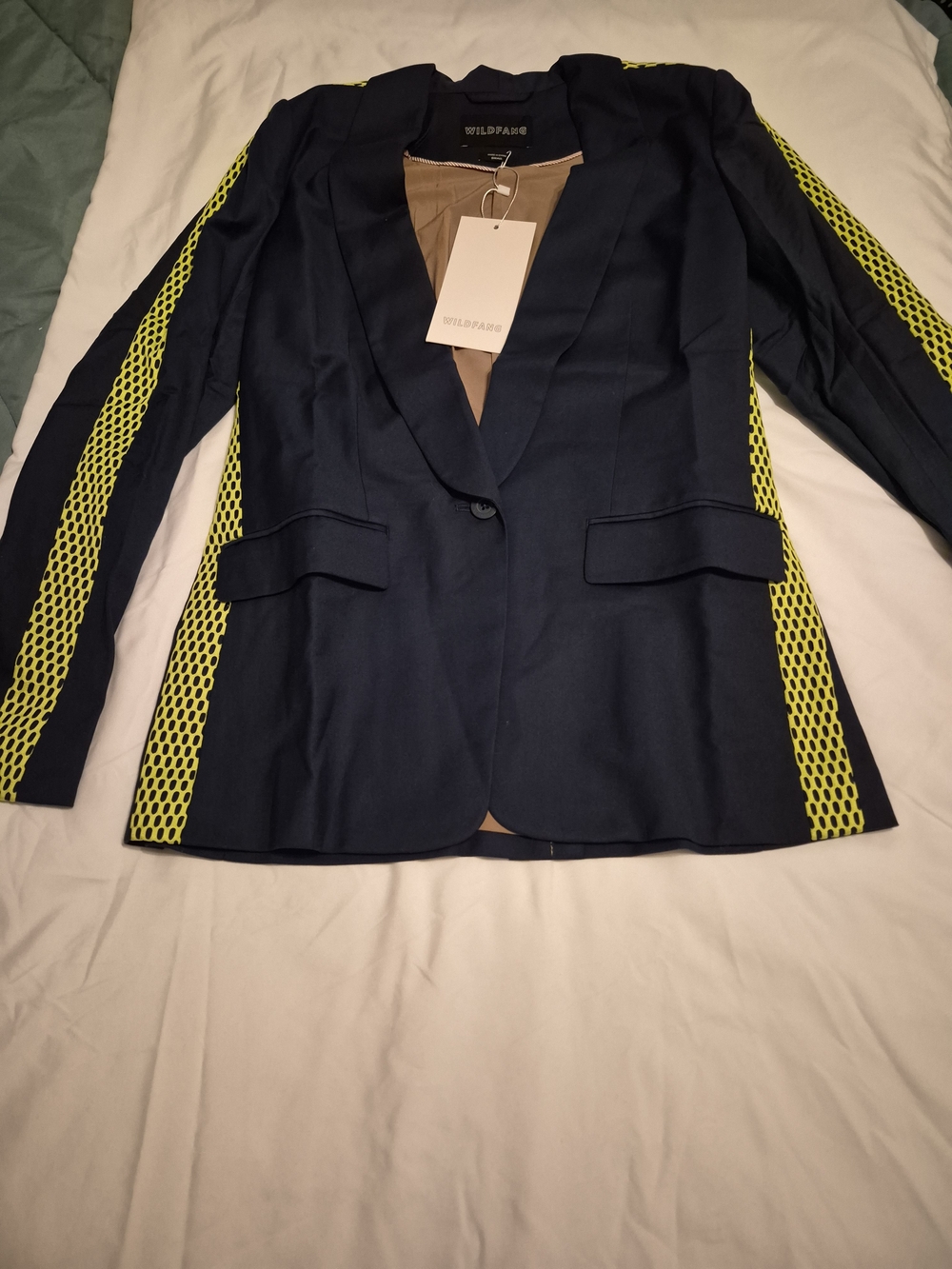 ✨️WILDFANG Navy Blazer & Trouser Set Neon Mesh Stripe Suit NWT Size Small/0✨️ - Picture 3 of 7